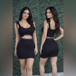 Nwt Lacey trim Black Mini Pencil Skirt  Ribbed two piece set NWT